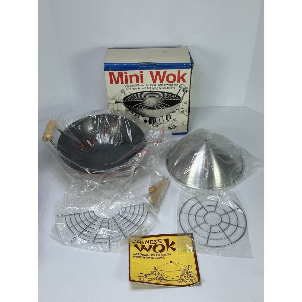 Vintage Pier 1 Mini Wok 6 Piece Nonstick Wok Lid Ring Steamer Tempura Book NOS